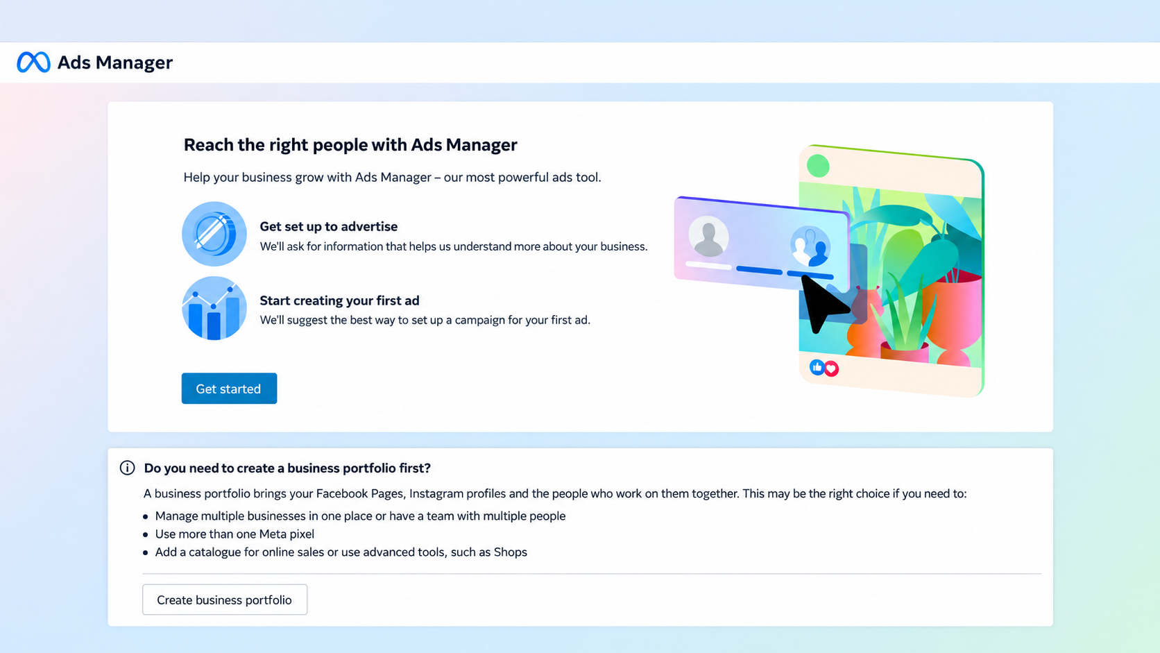 ภาพประกอบจำลองหน้าเริ่มต้น Ads Manager ที่มีตัวเลือกสร้าง Business Portfolio